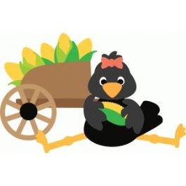 crow with wheelbarrow of corn