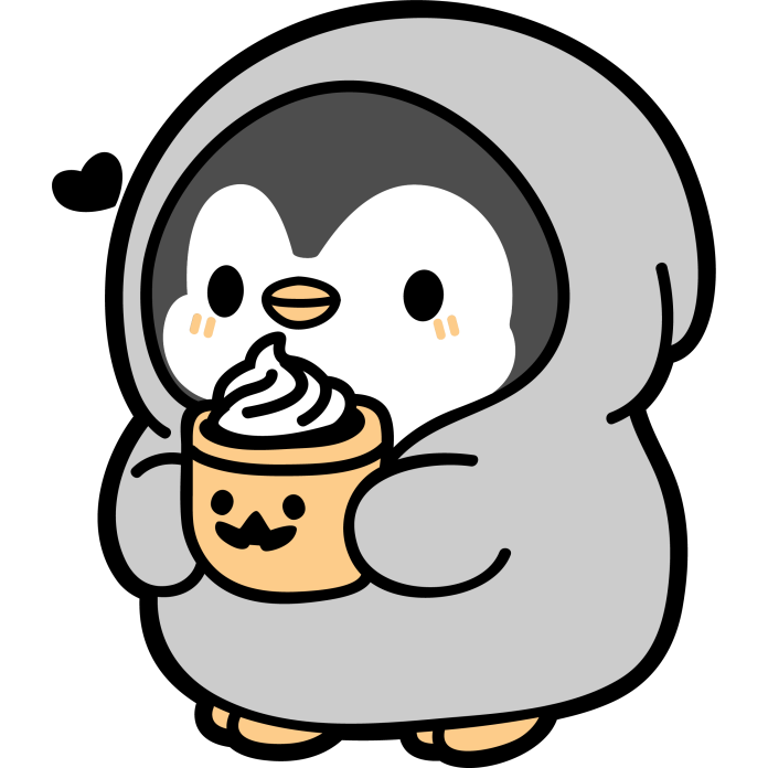 cute penguin drinking pumpkin latte