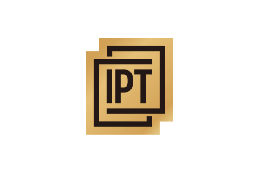 Logo with the letters IPT in bold black font, enclosed within a stylized overlapping square design in a gold gradient color.