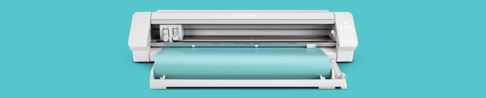 Front view of a Cameo Pro cutting machine with a roll of teal material loaded, set against a teal background